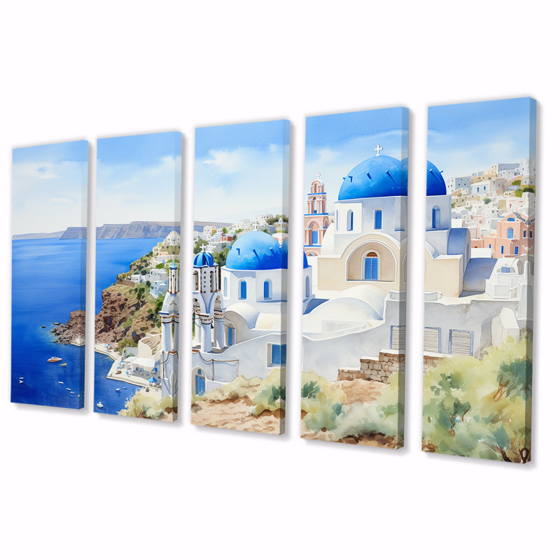 "Blue and White Greek Isles Village III" - Grèce, ensemble de 5 pièces, H 32 po x l 80 po