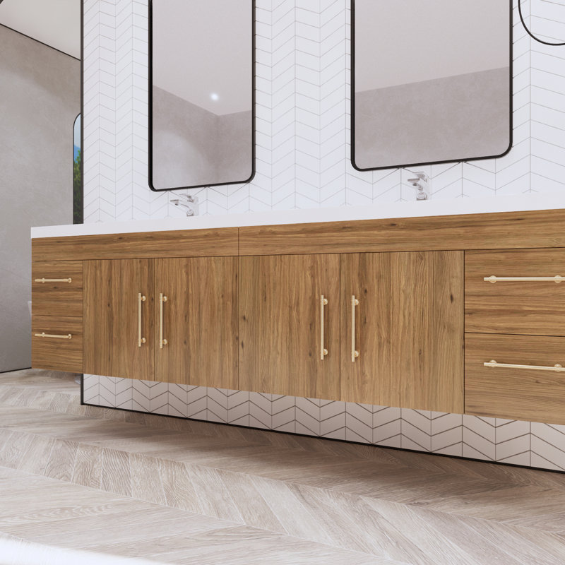 Mapleview 83.44" Wall-Mounted Double Bathroom Vanity Set, Natural Oak