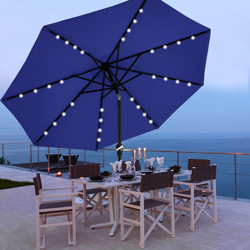 Cutshall Solar LED Market Umbrella with Tilt and Crank Lift, Blue, 9'