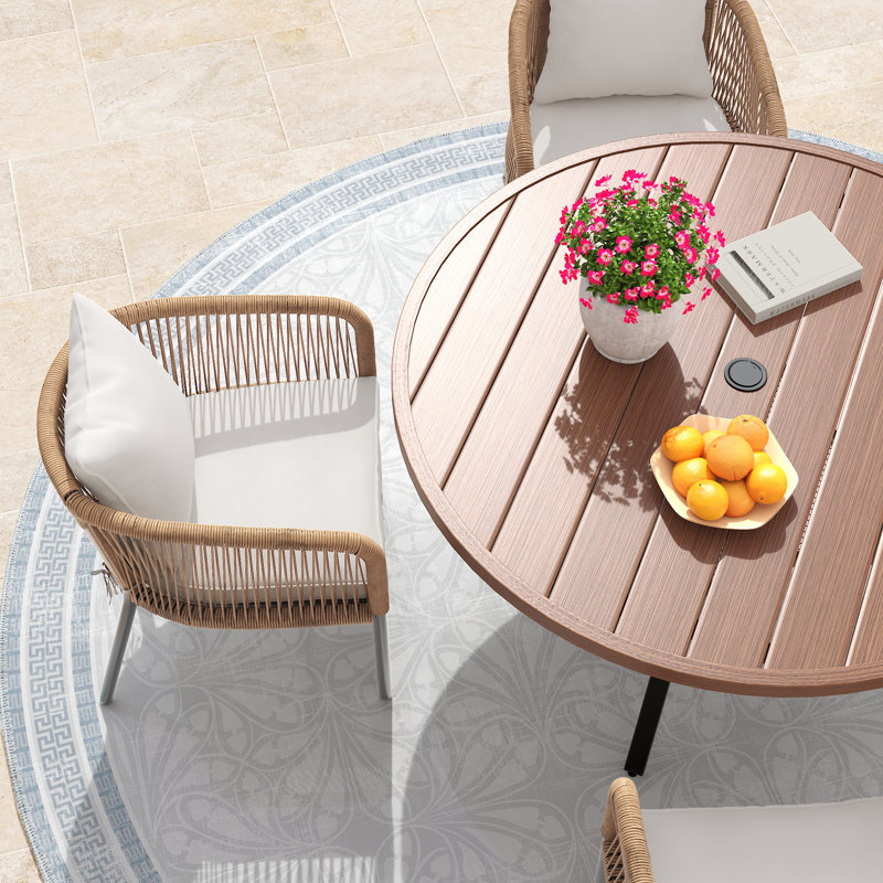 Ensemble de salle à manger d'extérieur pour 4 personnes avec table ronde de 120 cm et 4 chaises rembourrées en rotin en PE