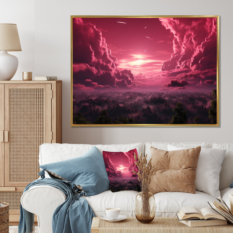 «Majestic Pink Sunset Over Mysterious Forest», reproduction sur toile, H 30 po x l 40 po x P 1,5 po, Cadre flottant doré