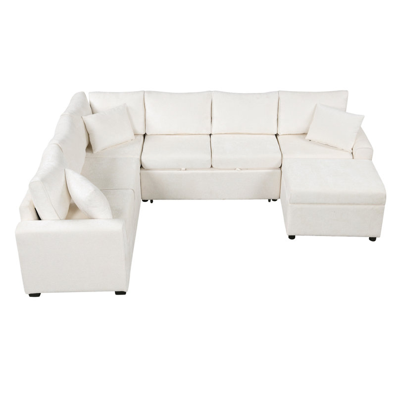 112.2" Sectional Sofa Pull-Out Sofa Bed Sleeper With A Storage Ottoman, Cream Chenille