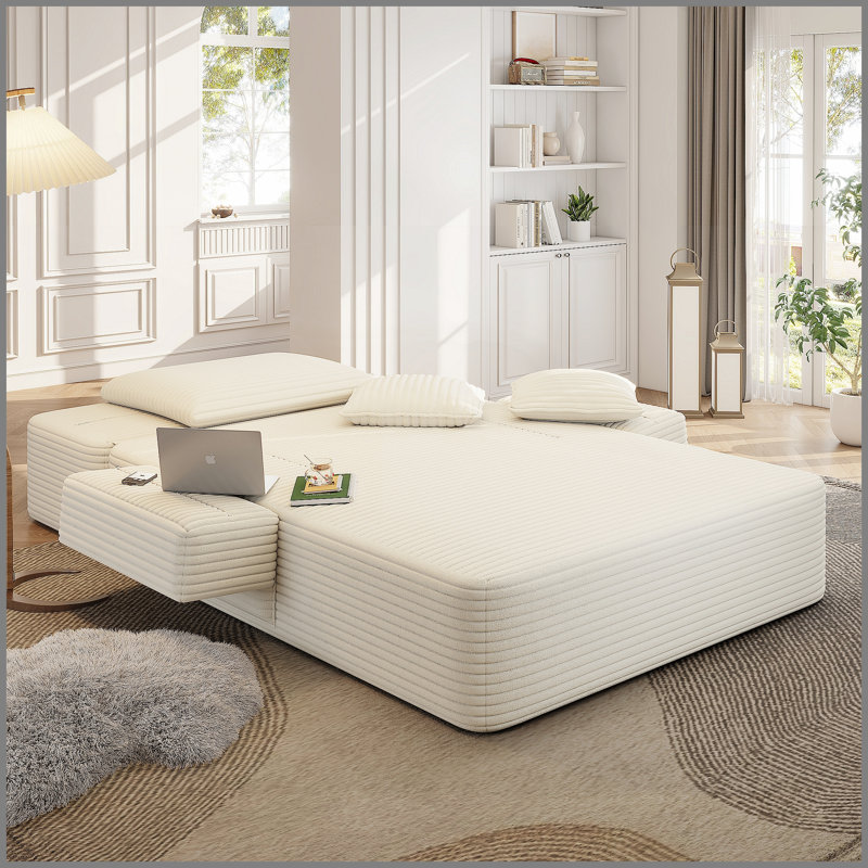 Luxueuse chaise longue en velours côtelé moelleux avec 3 coussins, canapé-lit convertible avec poche de rangement, conception sans cadre et mousse à compression pour les petits espaces, salon, appartement, beige