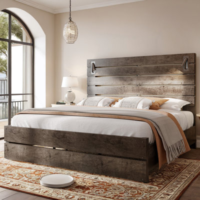 Bed Frame with 51" Tall Headboard, Integrated Reading Lights, and Rustic Wood Finish