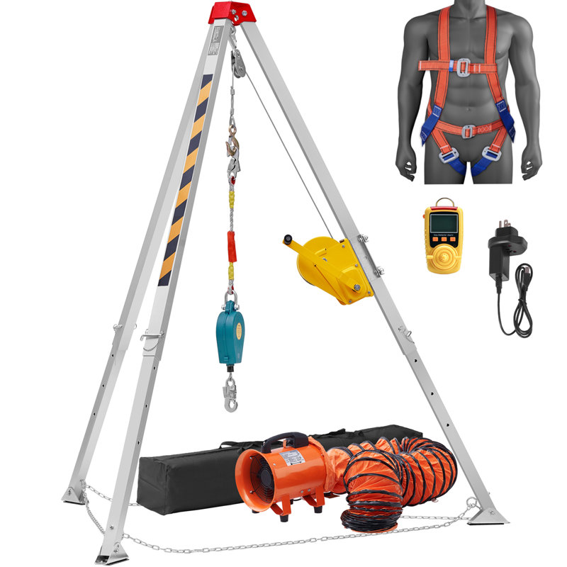 Trépied de 2600 lb pour trépied en espace confiné, trépied pour espace confiné de 8 pi avec câble de 98 pi, trépied de secours pour espace confiné, protection contre les chutes de 33 pi avec ventilateur, détecteur de gaz et harnais.