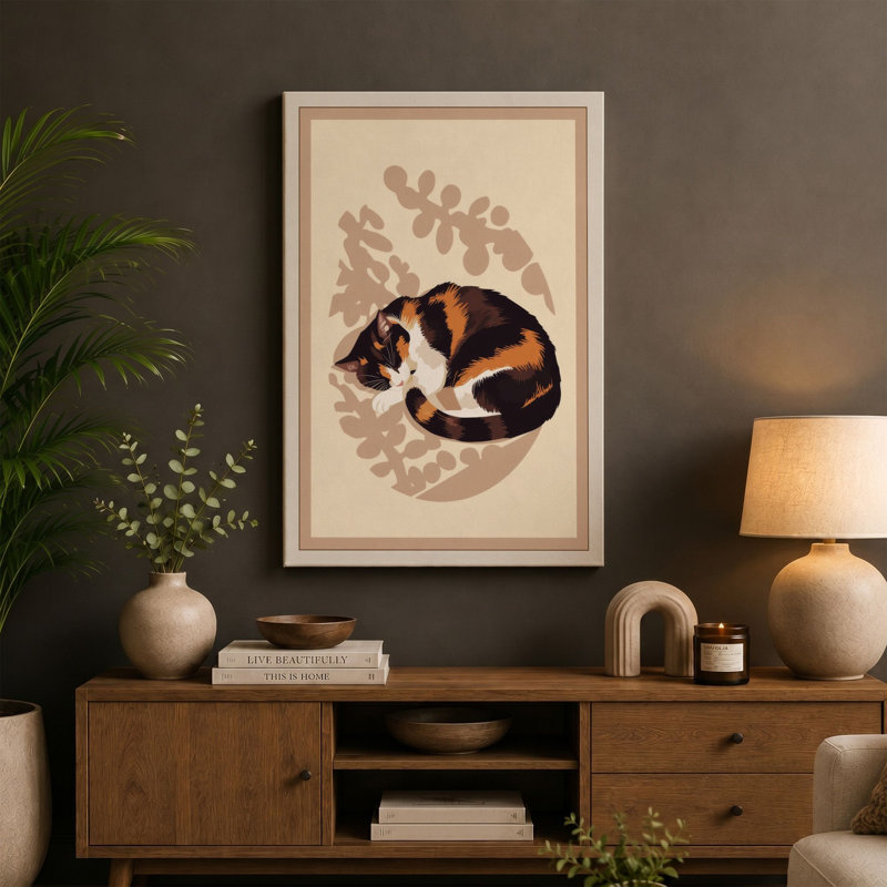 Sleeping Cat in Sage Boho - Wrapped Canvas, 18x12 - 45.7 x 30.5 cm, Ochre Border