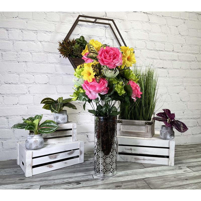 Arrangement floral roses artificielles, Beauté magenta jaune