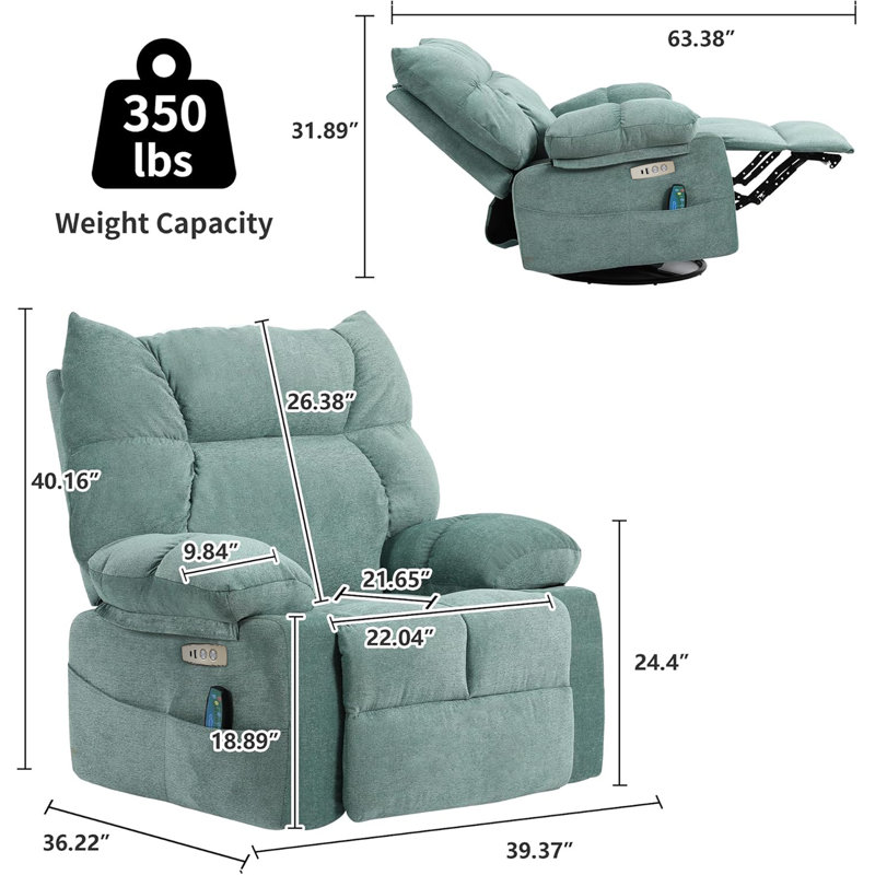 37.79" Wide Swivel Zero Gravity Recliner, Green