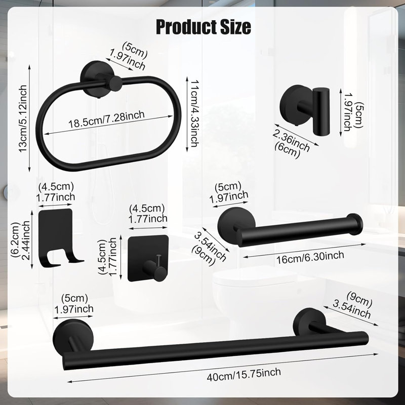 7-Piece Stainless Steel Bathroom Hardware Set - Wall Mounted Towel Bar, Toilet Paper Holder, Towel Ring And 4 Robe Hooks - Durable Rust-Resistant Design For Modern Bathrooms