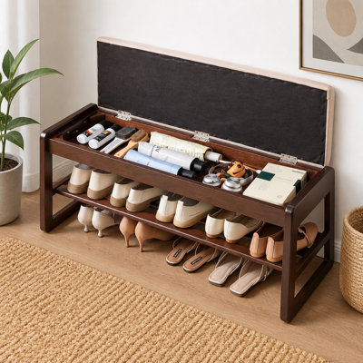 Banc de rangement pour chaussures en bois 39,37 pouces avec siège en cuir végétalien de qualité supérieure, tablettes de rangement ouvertes à plusieurs niveaux pour souliers à chaussures, étagère à chaussures robuste pour chambre d'entrée