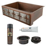33" Hammered Copper Kitchen Apron Single Basin Sink w/ Fleur De Lis and Apron Front Nickel Background with Matching Drain and Accessories