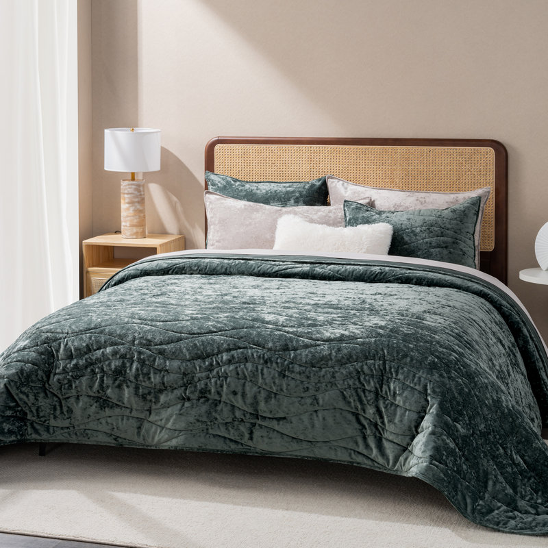 Ensemble de housse de couette et d'édredon EVERGRACE Wave, Courtepointe très grand + 2 taies décoratives tr, Vert foncé