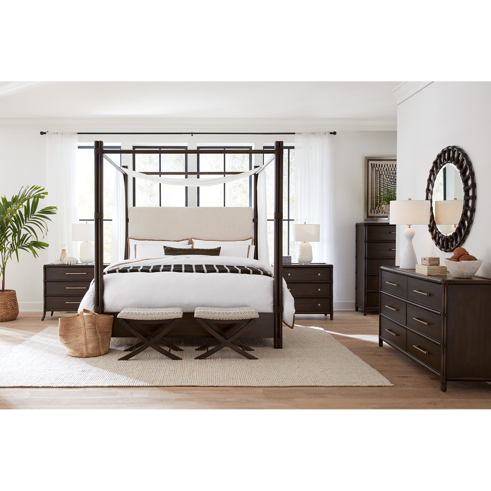 Isla Upholstered Woven Canopy Bed, King, Dark Wood/Black Sand/Neo Cream