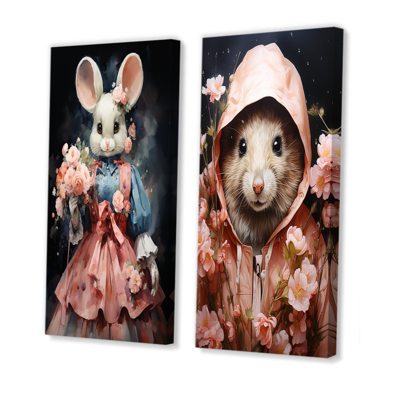 Souris élégante rococo, élégance en robe rose I - ensemble de 2 rongeurs sur toile, Toile tendue, H 28 po x l 25 po