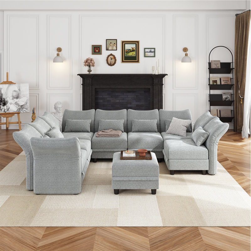 Harlaii 144'' 8 - Piece Upholstered Sectional With Storage, Light Gray Velvet
