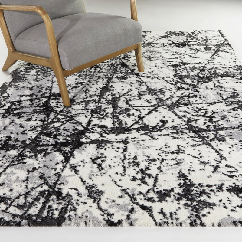 Tapis blanc à motif abstrait moderne Lydia, Rectangle 5 pi 3 po x 7 pi
