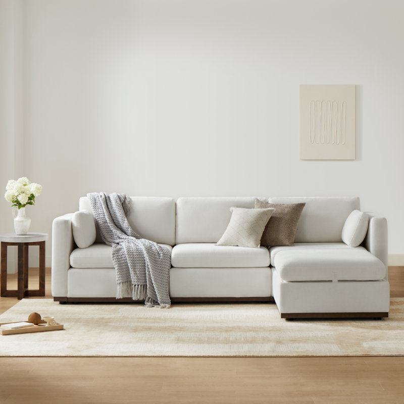 4- Piece Modular Sectional with Ottoman, Cream White Polyester