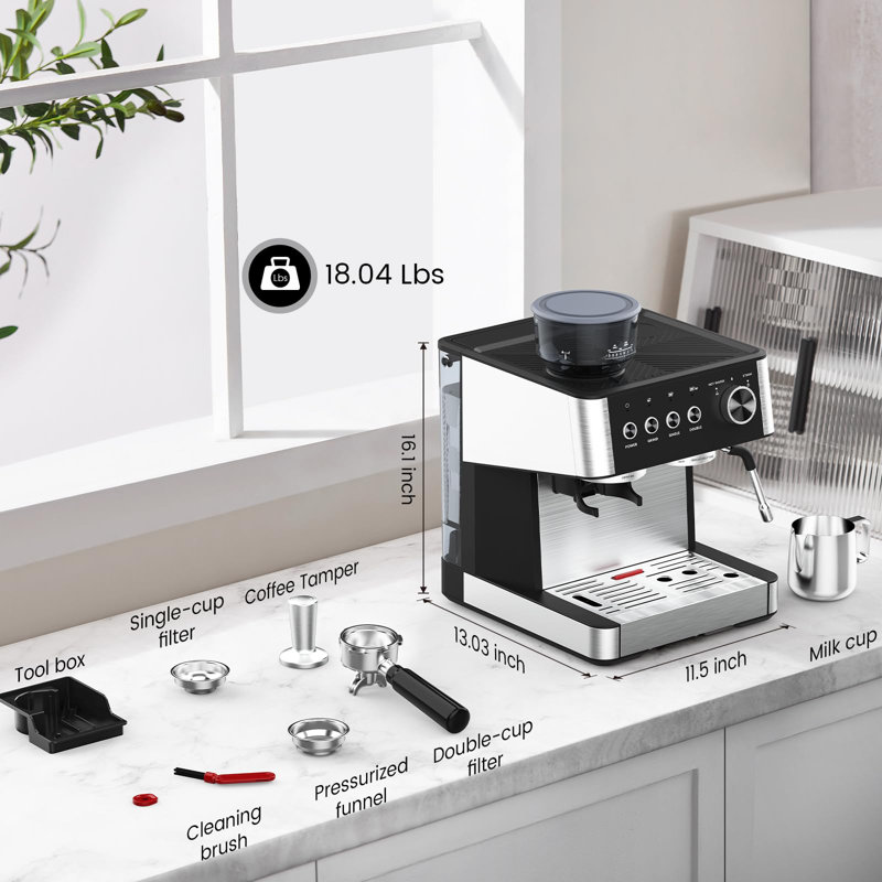 Machine à espresso professionnelle à 20 barres avec moulin intégré - Extraction de précision, buse à lait intégrée pour cappuccinos / lattes et conception compacte.