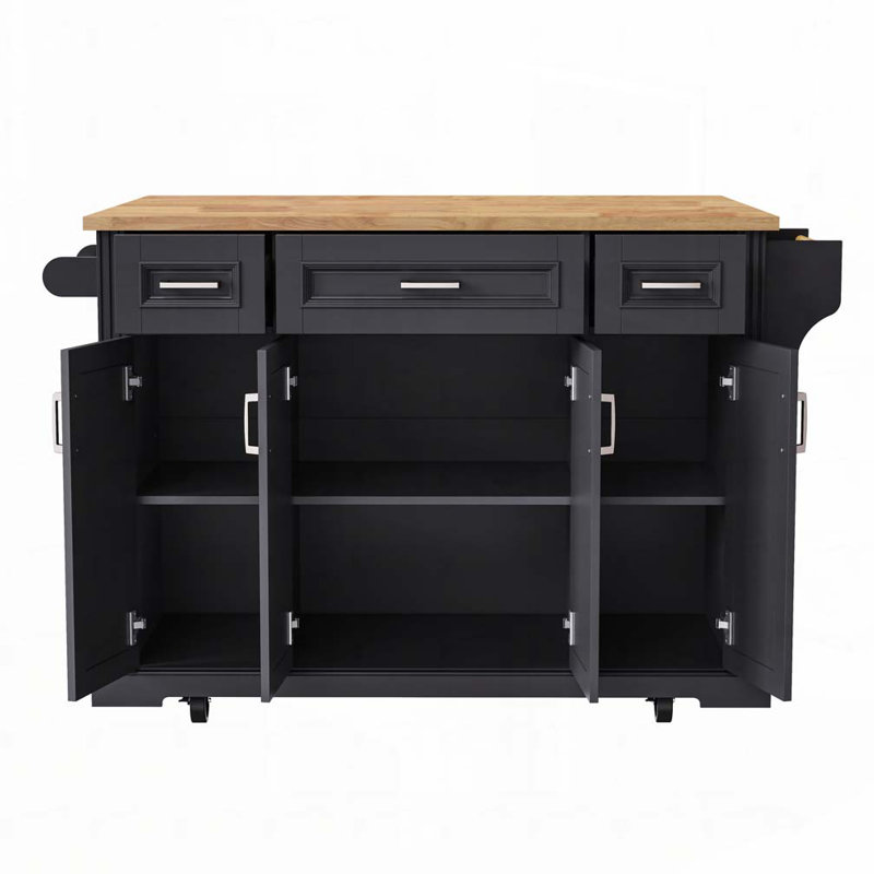 54Inch Large Kitchen Island With Rubber Wood Drop Leaf, Embossed Texture Rolling Kitchen Cart On 4 Wheels With 4 Doors And 3 Drawers, Kitchen Island With Storage For Kitchen, Dining Room,Black