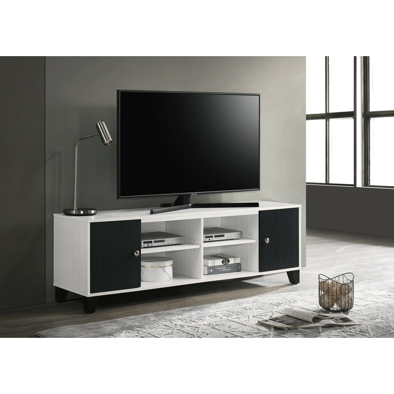 Meuble télé Akin, 2 portes et 4 tablettes ouvertes, blanc, bois noir