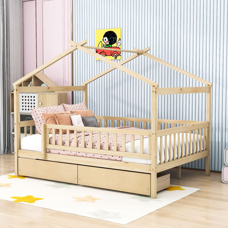 Lit en bois avec 2 tiroirs, toit et garde-corps, Simple, Naturel