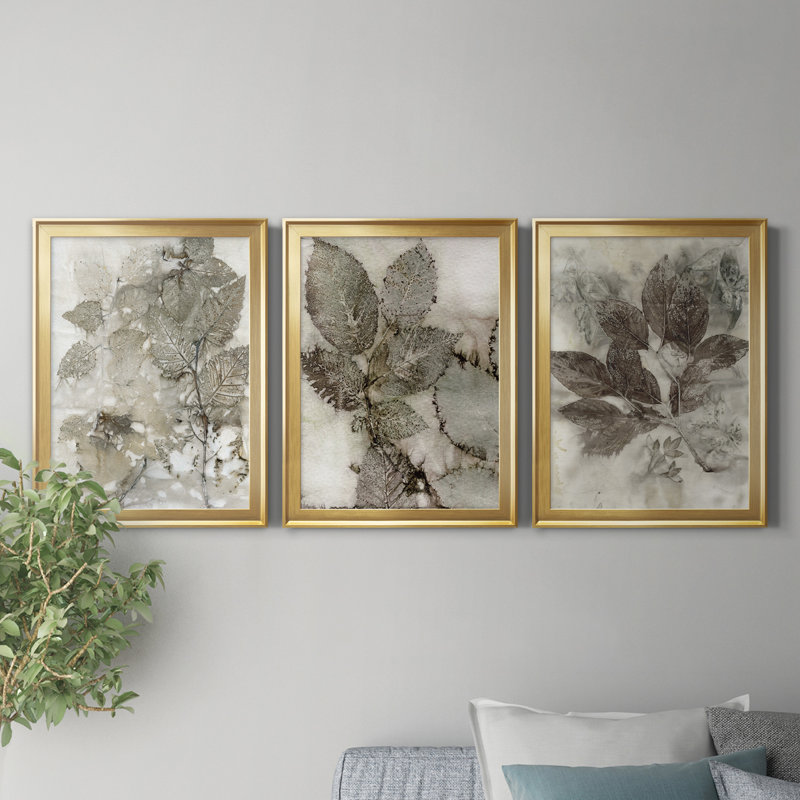 Birch Leaves I - Ensemble de 3 peintures sur toile encadrées, H 18,5 po x l 73,5 po x P 1,5 po, Doré