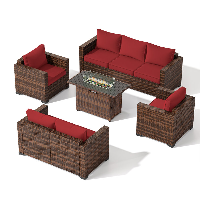 5-Pieces Wide Armrest Outdoor Sectional Rattan Conversation Set with Fire Fit Table., Red