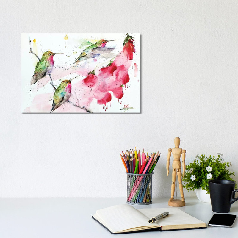 Hummingbirds And Flowers by Dean Crouser - Wrapped Canvas Painting, 20.32 cm H x 30.48 cm W