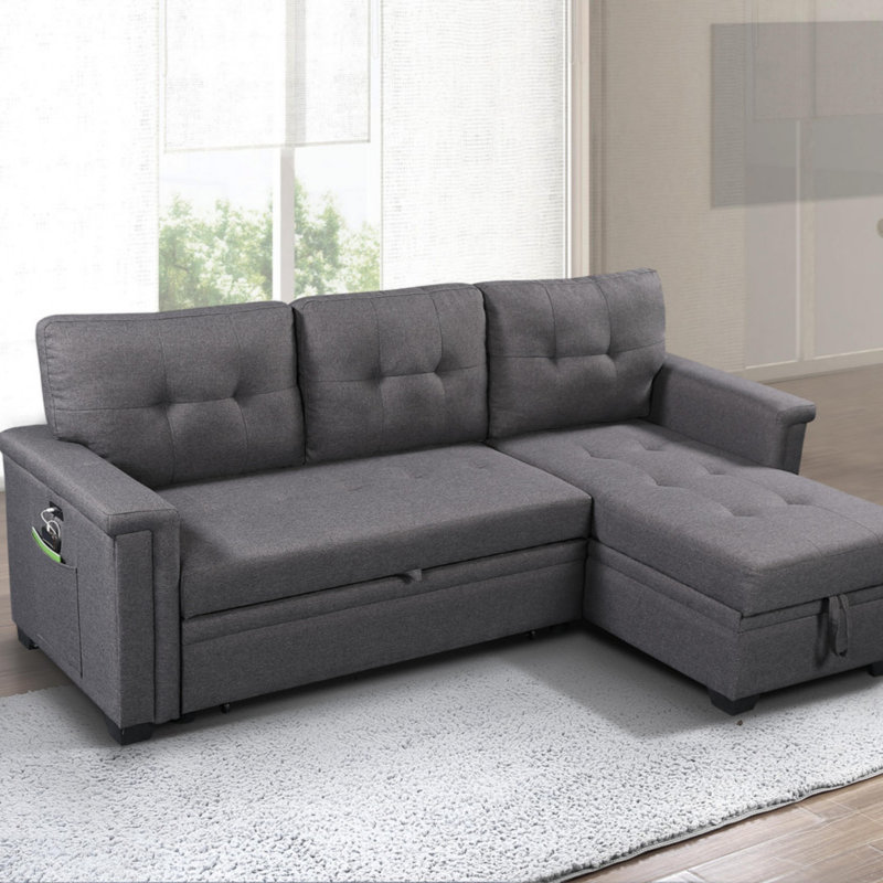 Canapé-lit modulaire réversible avec méridienne de rangement, ports de chargement USB et poche, Lin gris foncé