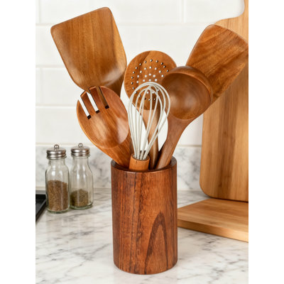 7-Piece Acacia Wood Kitchen Utensil Set With Holder, Natural Wooden Spoons Spatula Turner For Non-Stick Cookware, Cooking And Serving Tools