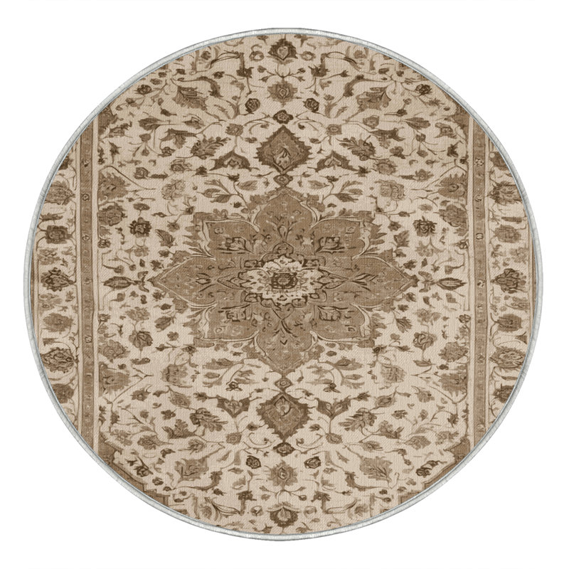 Tapis beige Tabriz lavable à la machine, Rond 8 pi