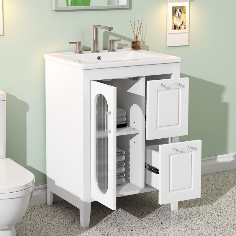 Élégant meuble-lavabo de salle de bain 24 po avec lavabo en céramique et cadre en bois massif blanc, Blanc