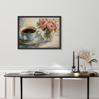 Tea and Roses Framed Wall Art Prints - Teacup with pink flowers for dining room
