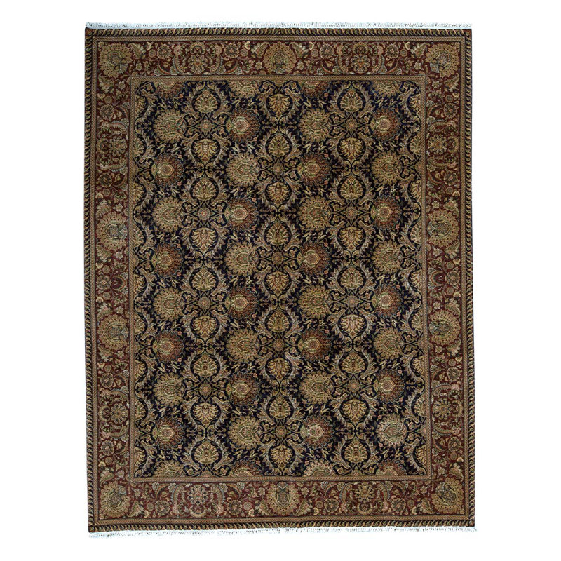 Tapis unique vert / rouille / noir noué à la main de haute qualité