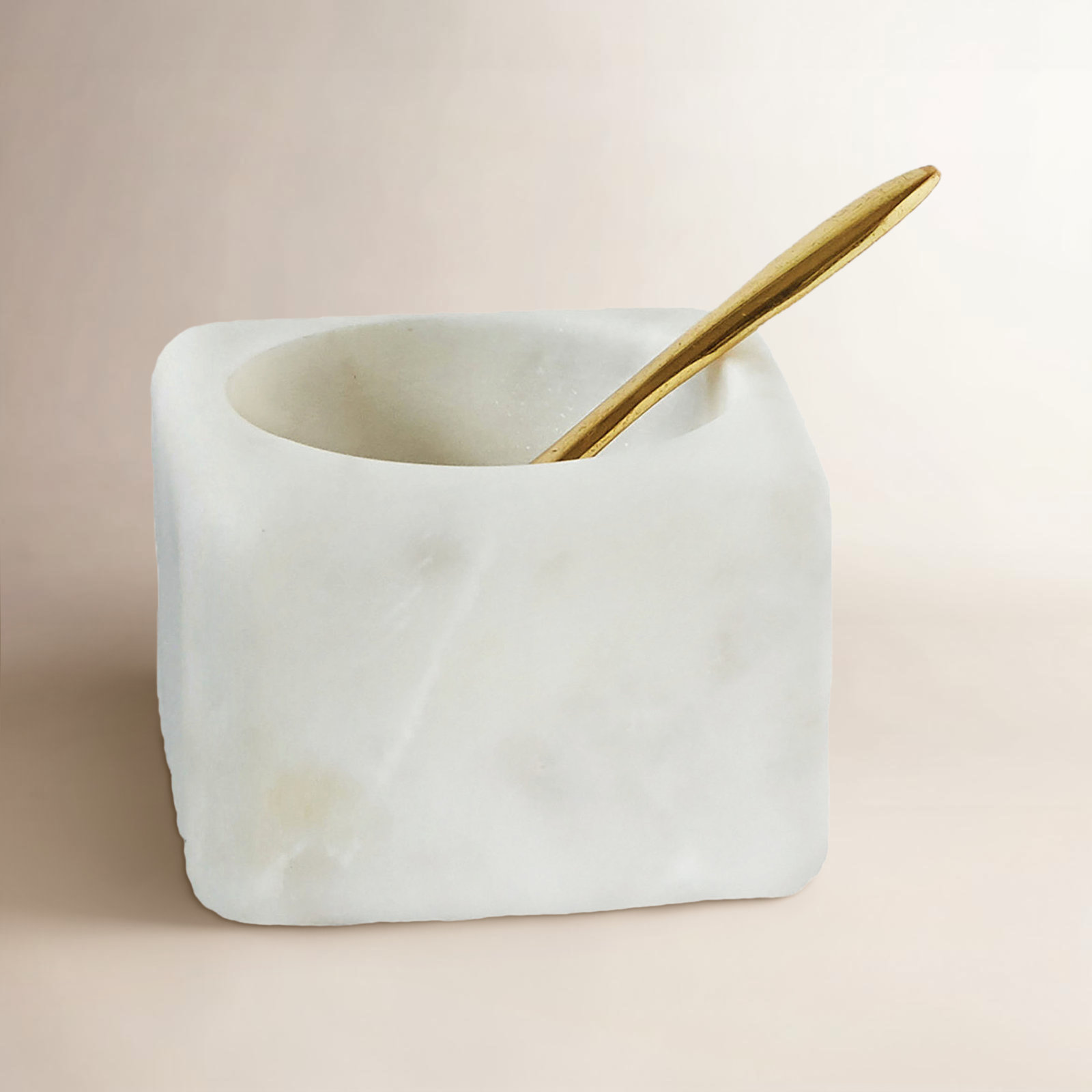 Fenster Square Marble Bowl with Brass Spoon, White