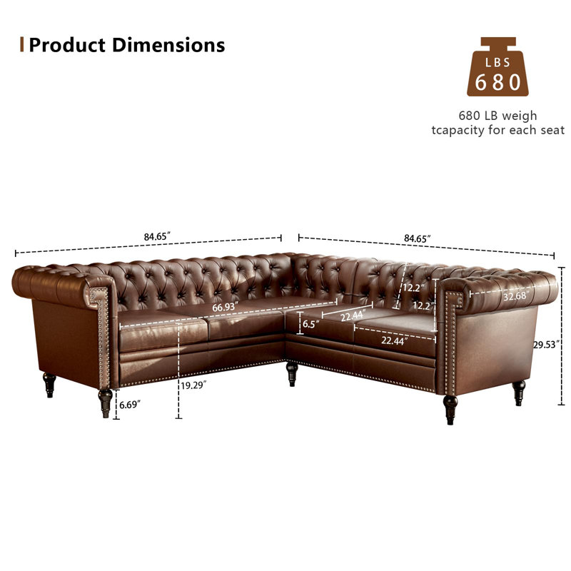 5 Seat Sectional Sofa Couch For Living Room, L Shaped Reversible Modern Chesterfield Sofa With Rolled Arms And Nailhead, Tufted Couch For Small Or Large Space