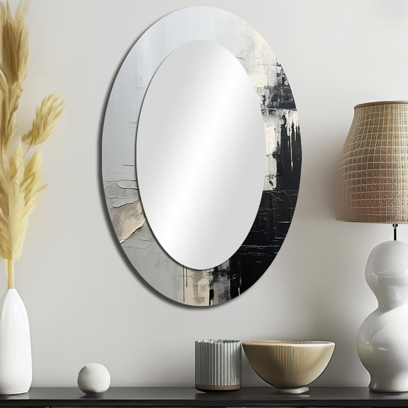 Gris et noir peint coin - miroir décoratif ovale abstrait sur métal, 36 po x 24 po