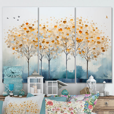 Minimalisme, arbre jaune solitude III sur toile, 3 pièces