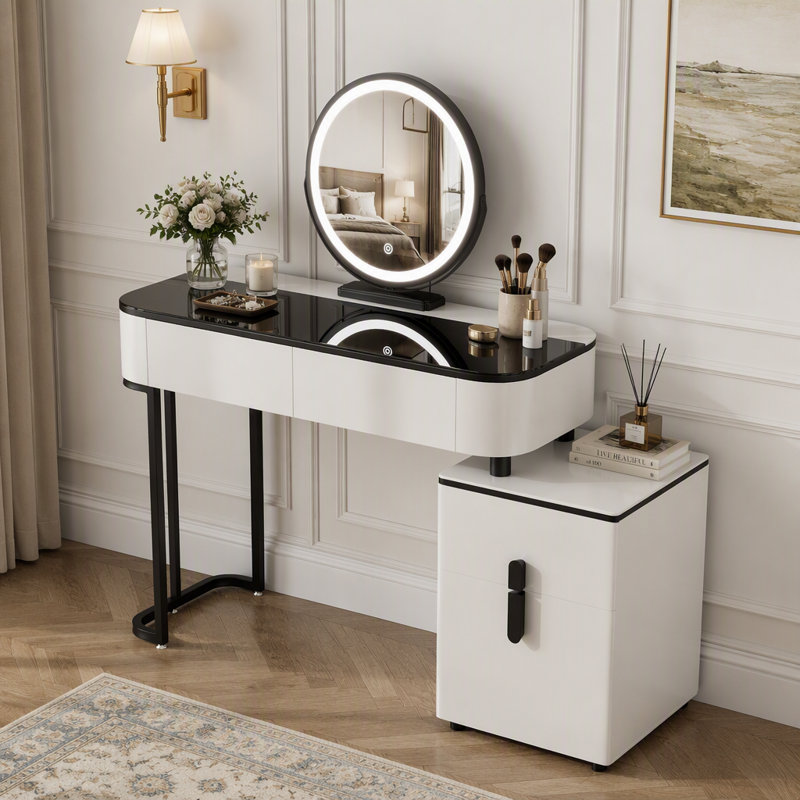 Meuble-lavabo moderne avec plateau en verre trempé, meuble-lavabo multifonctionnel avec miroir rond réglable et armoire de rangement pour petits espaces