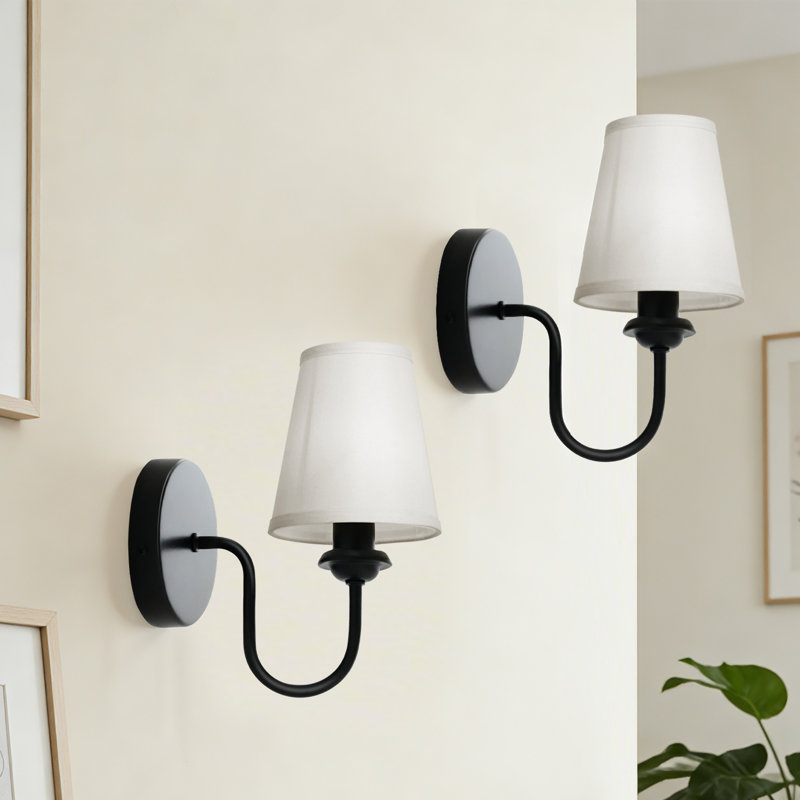 Ensemble de 2 appliques murales à abat-jour en tissu classique, éclairage à une lumière E12, lampe murale de ferme pour miroir de salle de bain, salon, chevet (noir mat / laiton)