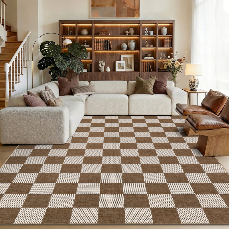 Tapis multicolore à carreaux lavable avec envers antidérapant, Brun, 9 x 12 pi