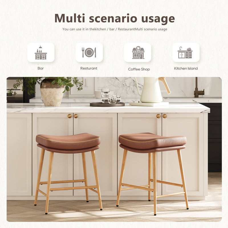 Stylish Counter Upholstered Bar Stool, Metal Frame with Wood Grain, Faux Leather Seat, Mid - Century Modern for Kitchen Island