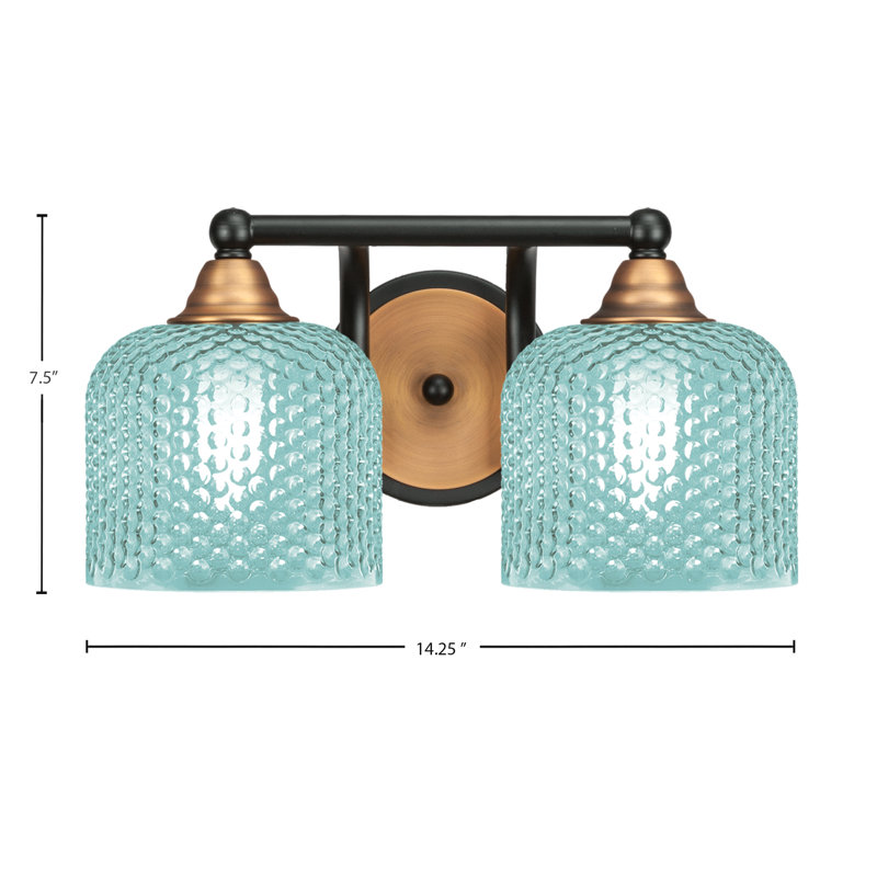 Verre turquoise 6 po Paramount, Noir mat / laiton, Deux lumières, H 7,5 po x l 14,25 po x P 8 po