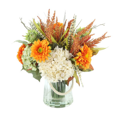 Fall Hydrangea and Sunflower Arrangement in Glass Vase with Rope Handle