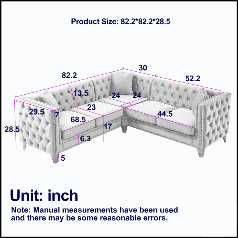 Luxueux canapé d'angle en velours de 209 cm (82,2 pouces) avec 3 coussins, idéal pour les salons et les petits espaces.
