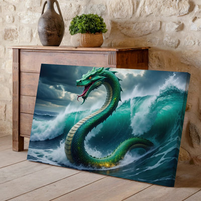 Canvas A Majestic Green Serpent Rises Dramatically From Tumultuous Ocean Waves Wall Art Its Scales Shimmering With Vibrant Hues And Canvas Wall Art
