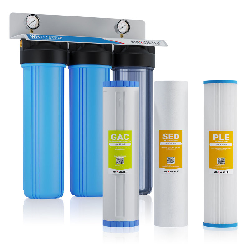 Système de filtration d'eau Max Water 3 étages (bon pour l'eau de ville et de chalet) de 20 pouces pour toute la maison