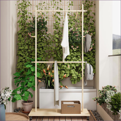 Coat Rack Solid Wood with 6 Hangers, Adjustable Shelf, Wheels &amp; Space-Saving Design | Old Pine | Wood