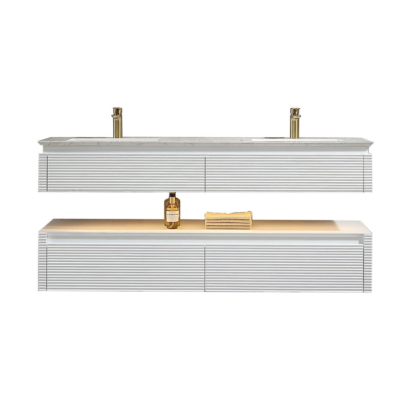 60'' Modern Solid Oak Floating Bathroom Vanity With Artificial Stone Countertop And LED Night Light, White