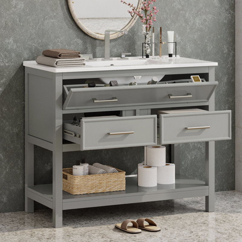 Meuble-lavabo 36 po avec lavabo en céramique, finition grise, tiroirs à fermeture en douceur et plateau basculant, Gris